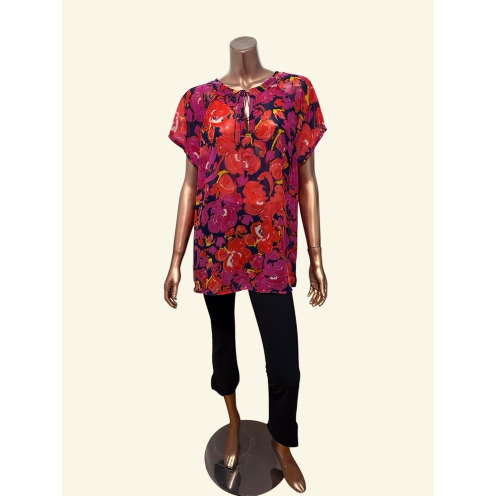 Liz Claiborne Womens Floral Chiffon Blouse Tie Neck Tunic Boho Resort Vacation/L